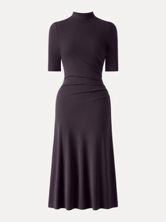 Cotton Blend Mock Neck Elbow Sleeve Tucked A-Line Midi Dress