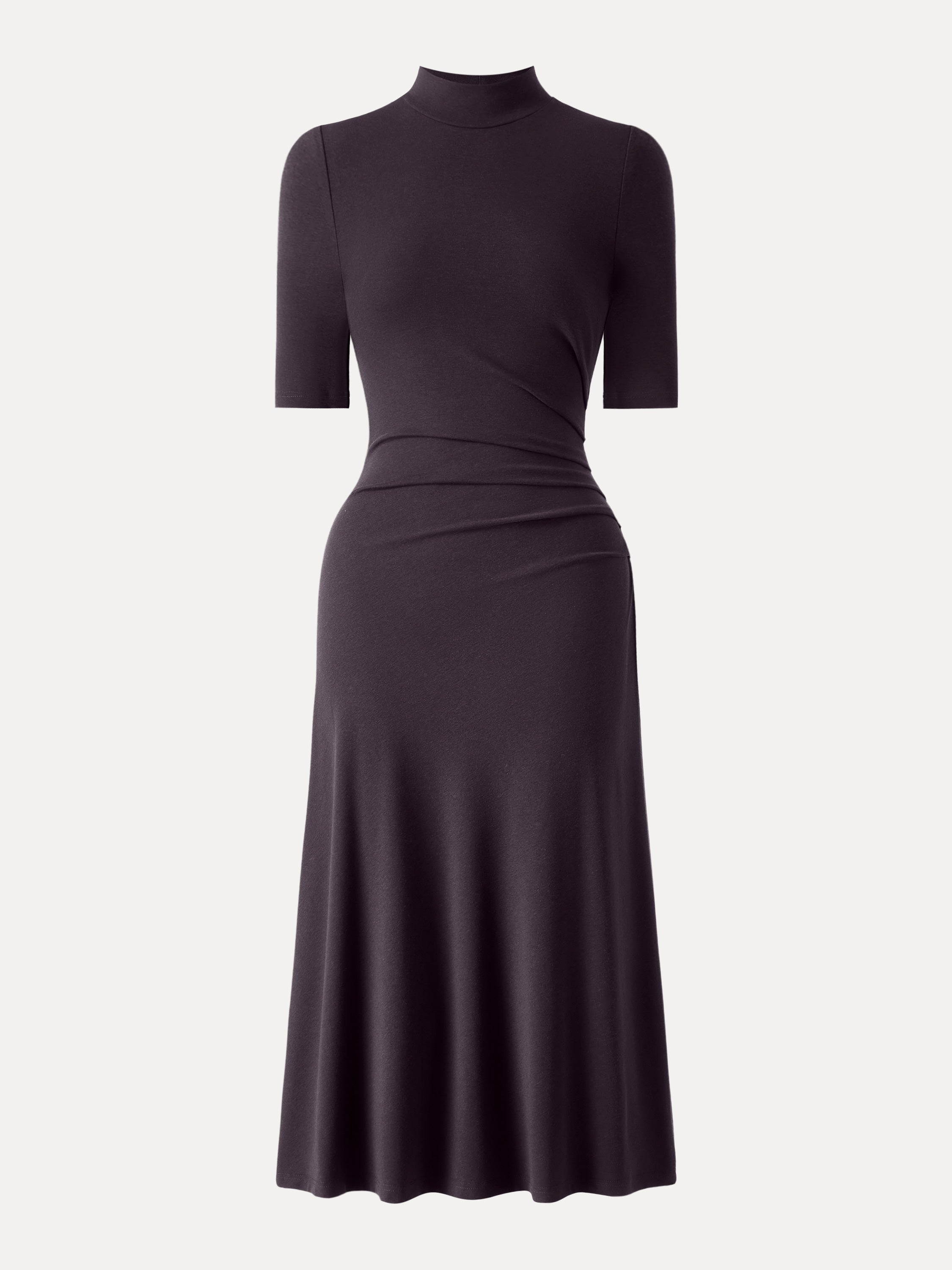 Cotton Blend Mock Neck Elbow Sleeve Tucked A-Line Midi Dress