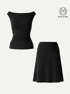 2Pcs Set Polka Dot Boatneck Bra Top & A-Line  Skirt Limited Edition