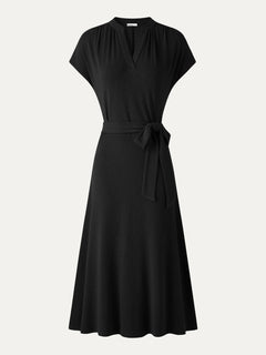 V-Neck Short Sleeve Belted Midi Dress