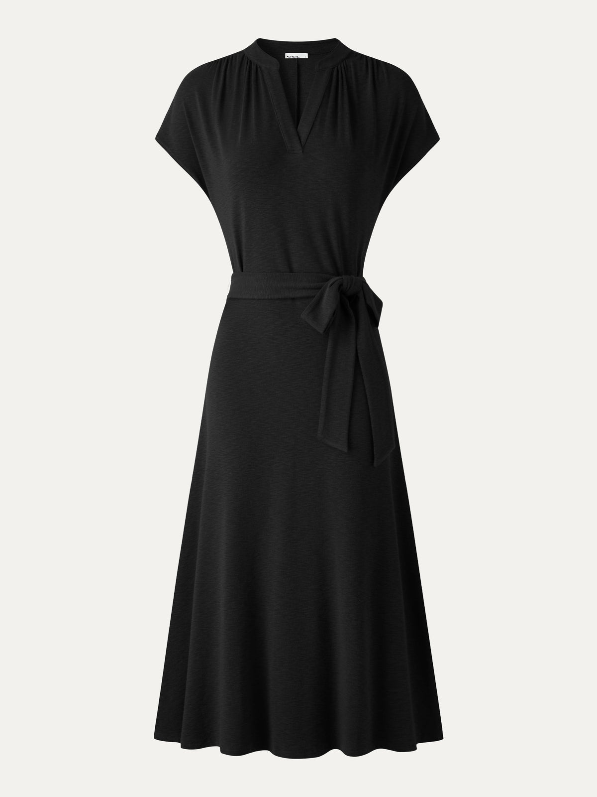 V-Neck Short Sleeve Belted Midi Dress