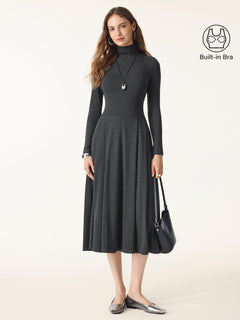 Light Warm Mockneck Pleated Midi Bra Dress with Pockets