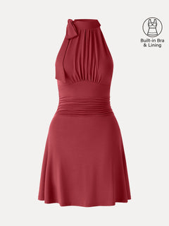Milky Matte Mockneck Bow Tie Ruched Mini Bra Dress