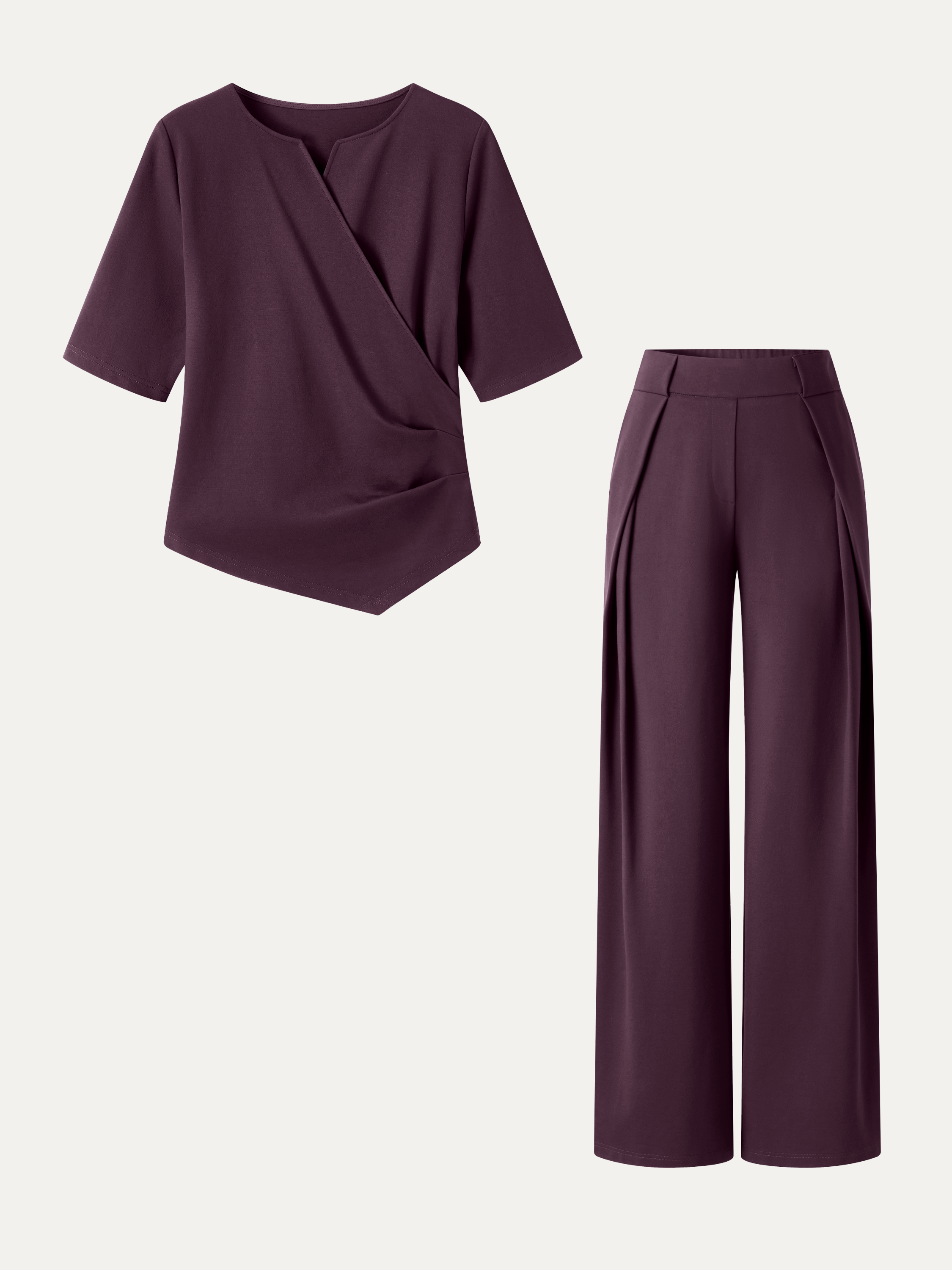 2Pcs Set Surplice Elbow Sleeve Top & Mid-Rise  Wide-Leg Tuck Pants with Pockets