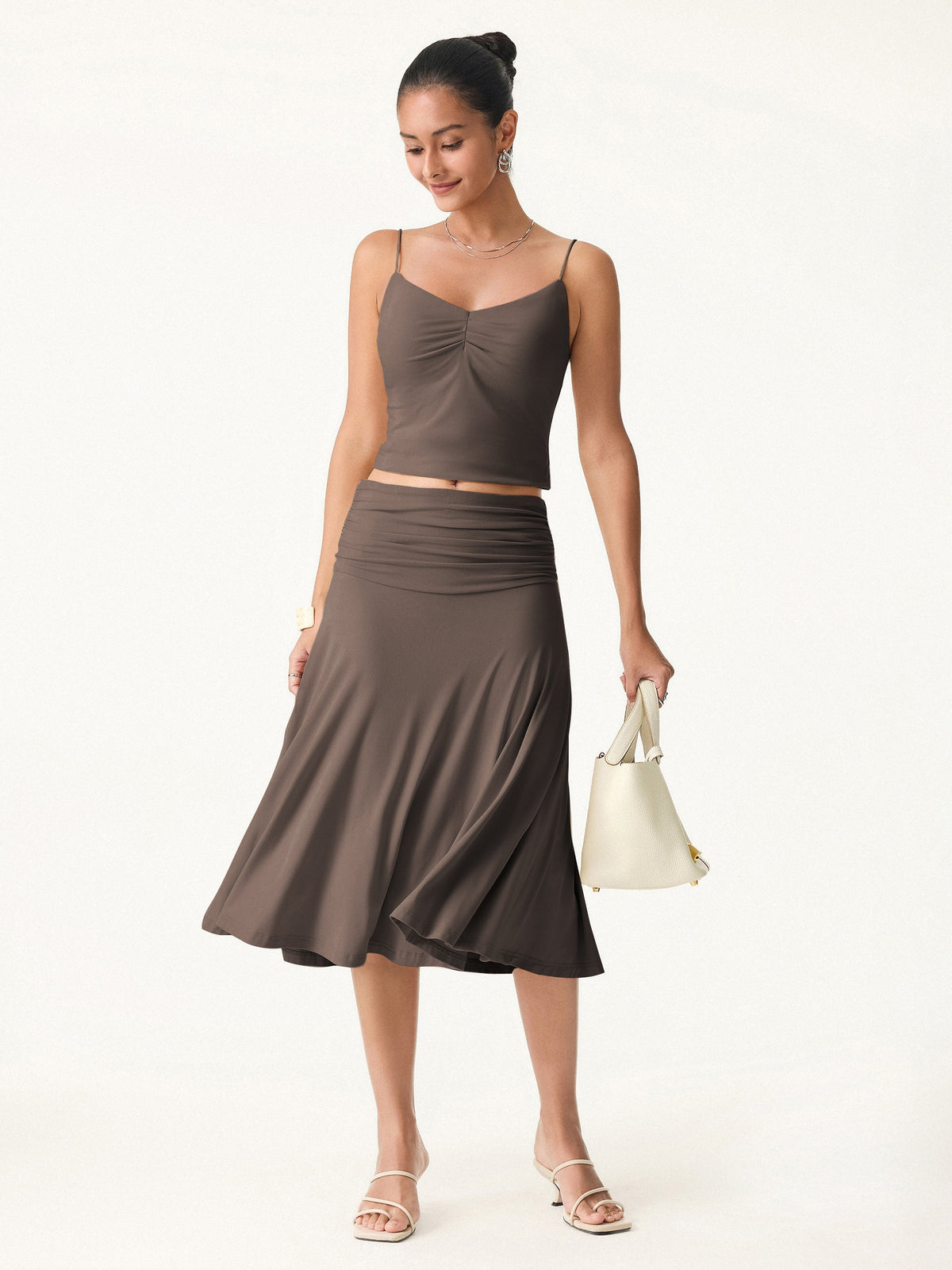Flowy Side Ruched A-line Midi Skirt