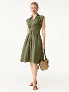 Viscose-Linen V-neck Midi Dress with Drawstring