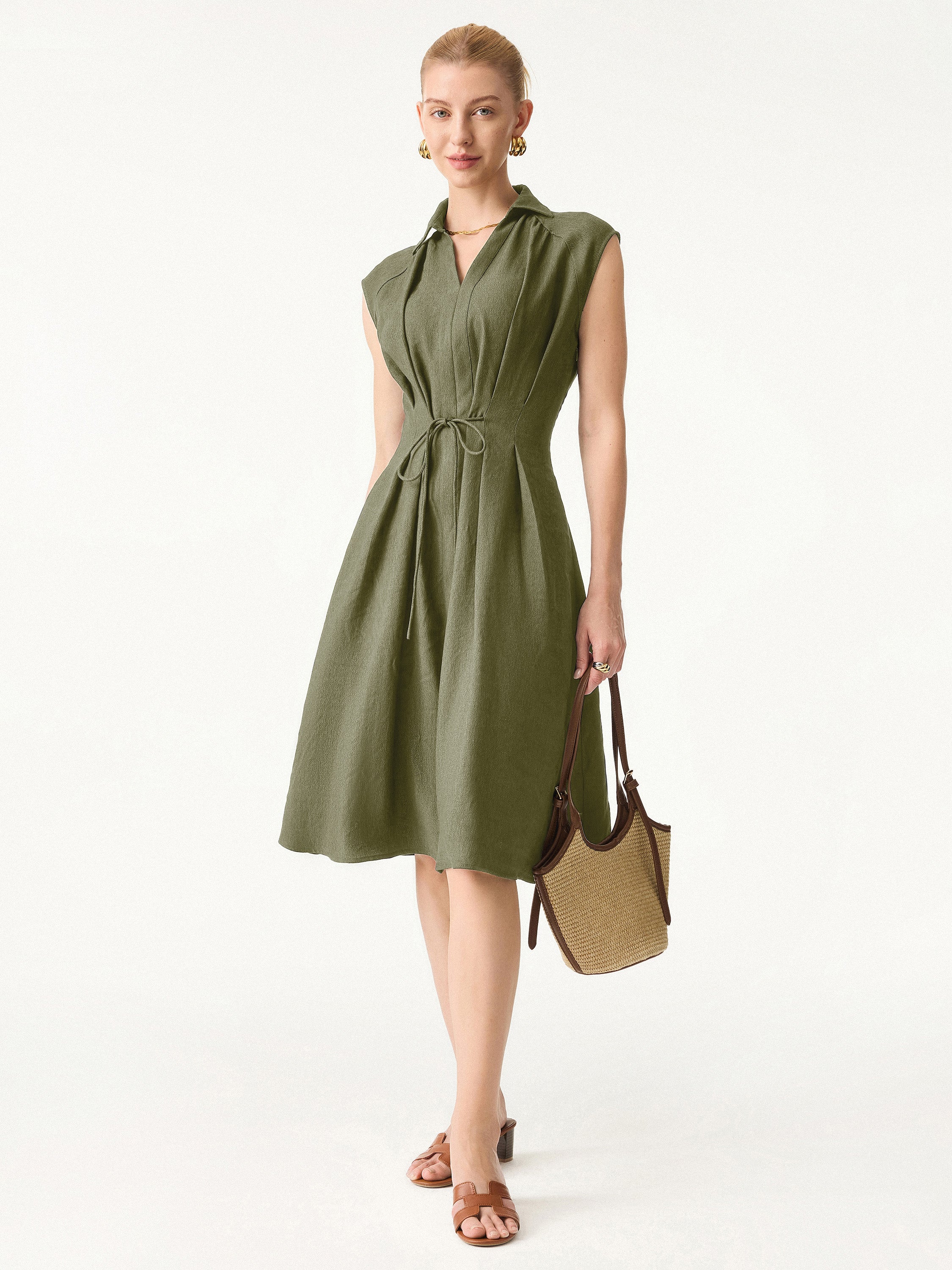 Viscose-Linen V-neck Midi Dress with Drawstring