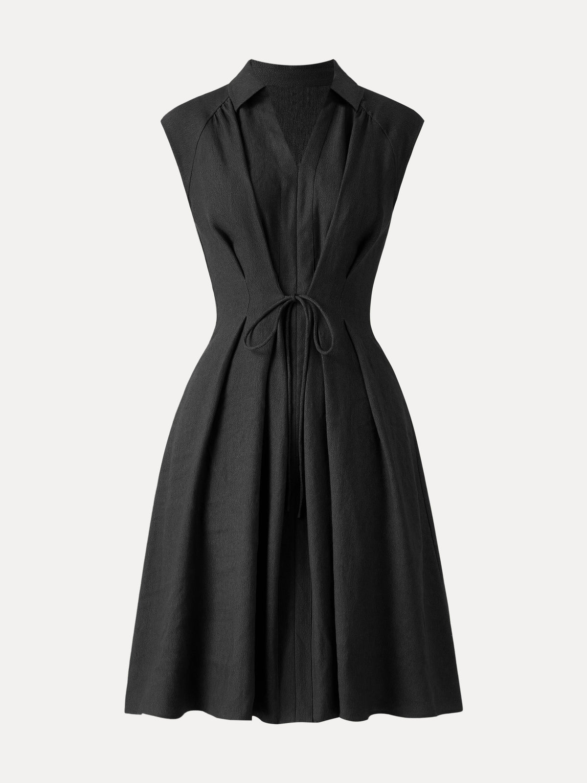 Viscose-Linen Collared V-neck Midi Dress with Drawstring