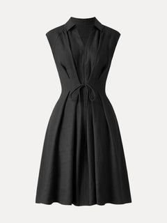 Viscose-Linen V-neck Midi Dress with Drawstring