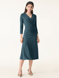 Eco-Mousse® Surplice 3/4 Sleeve Side-Tuck Midi Dress