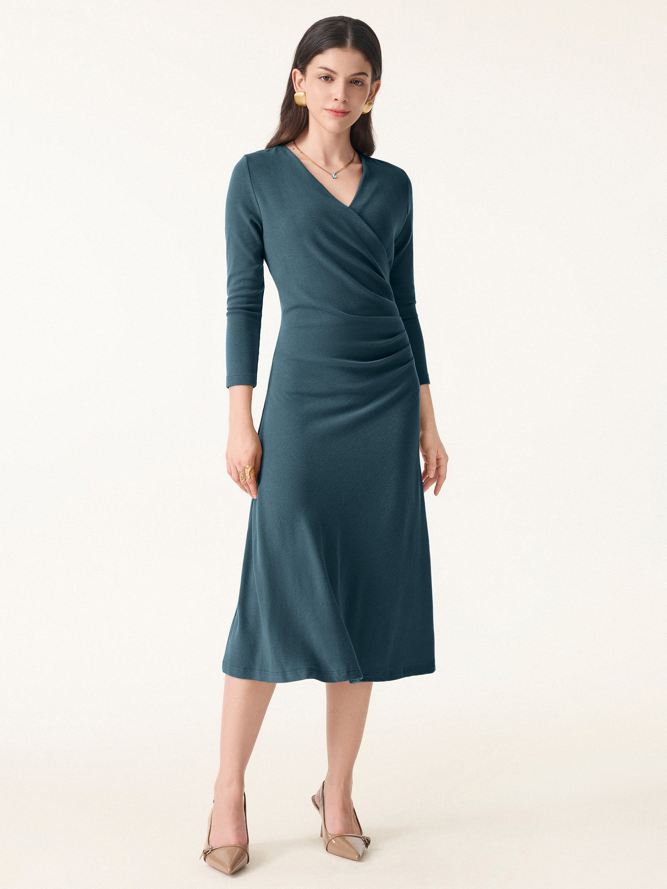 Eco-Mousse® Surplice 3/4 Sleeve Side-Tuck Midi Dress