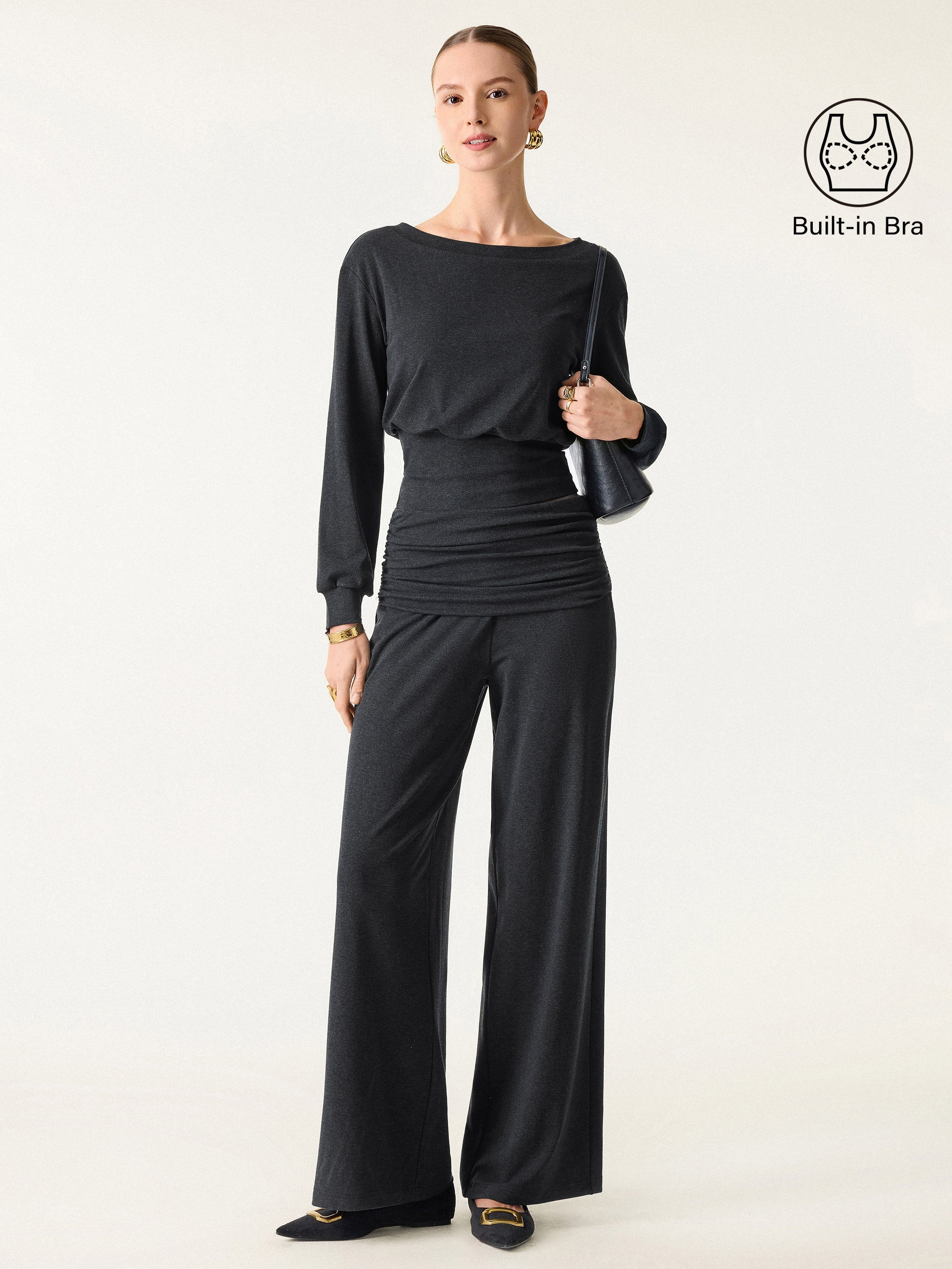 2Pcs Set Boatneck Bra & Drapey Wide Leg Pull-on Pants with Pockets