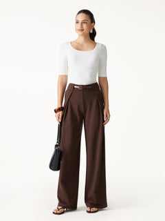 Ponte Mid-Rise  Wide-Leg Tuck Pants with Pockets