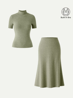 2Pcs Set Mockneck Short Sleeve Bra Top & Pull-On Midi Skirt