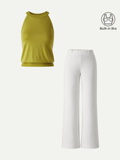 2Pcs Set Halter Neck Bra Top & Wide Leg Pants with Pockets