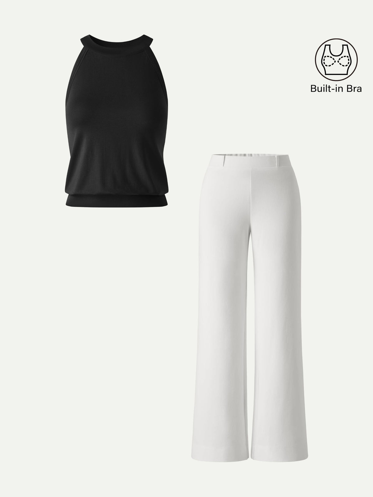 2Pcs Set Halter Neck Bra Top & Wide Leg Pants with Pockets