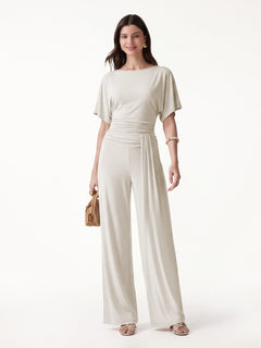 2Pcs Set Boatneck Batwing Sleeve Top & Mid-Rise Wide-Leg Lounge Pants