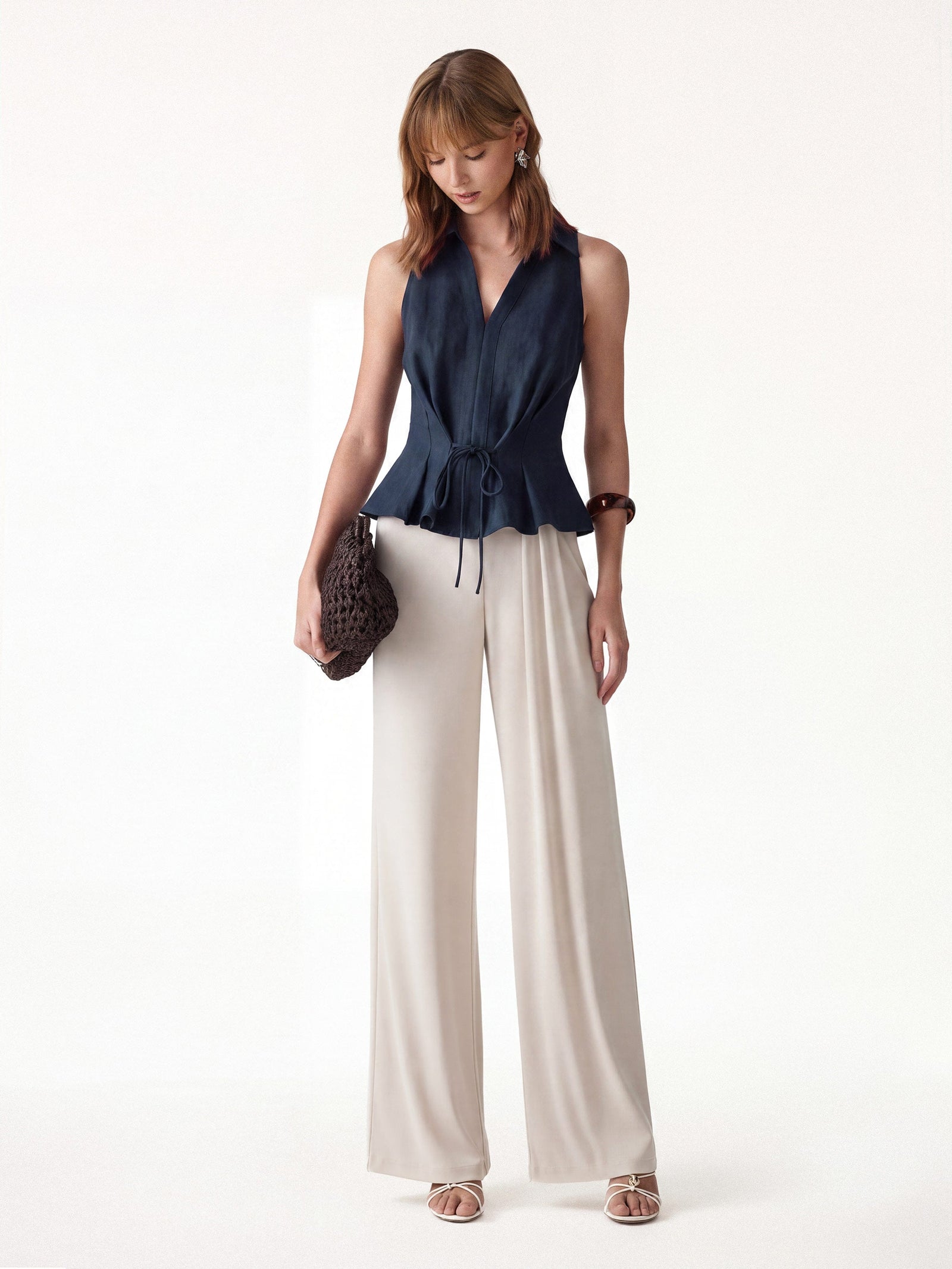 2Pcs Set Collared V-neck Top & Mid-Rise Wide-Leg Lounge Pants