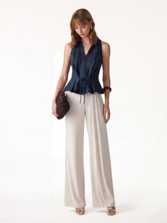 2Pcs Set Collared V-neck Top & Mid-Rise Wide-Leg Lounge Pants