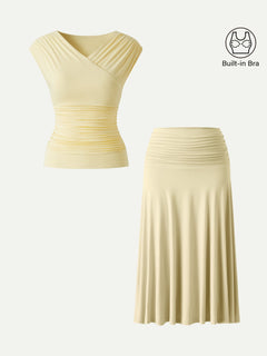 2Pcs Set Surplice V-Neck Bra Top & Side Ruched A-line Midi Skirt