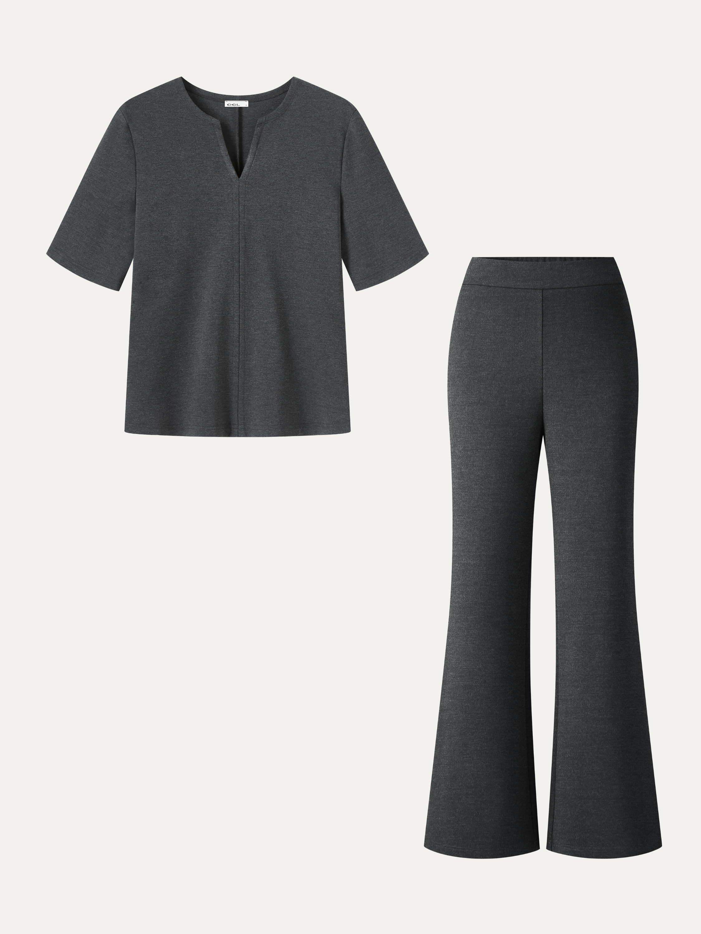 2Pcs Set V-Neck Short Sleeve Top & High-Rise Wide-Leg Pants with Pockets