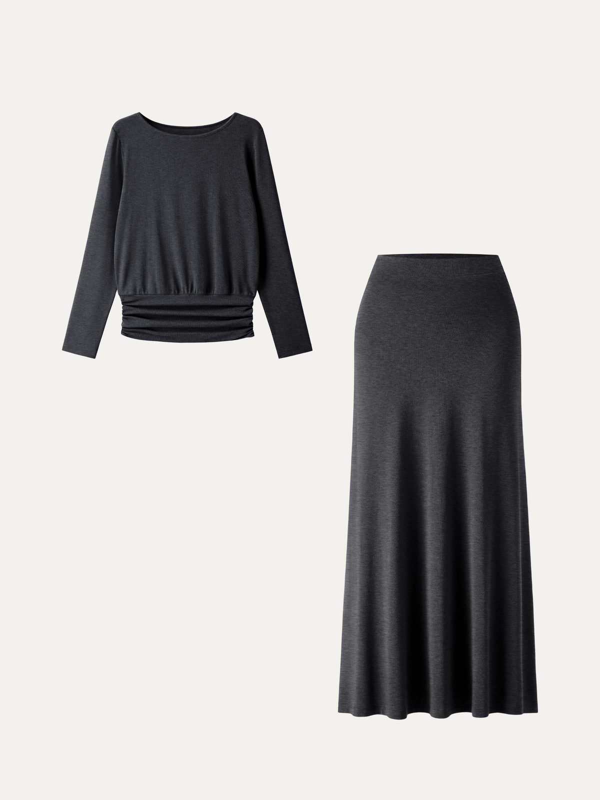 2Pcs Set Boatneck Long Sleeve Top & High-Rise A-Line Maxi Skirt
