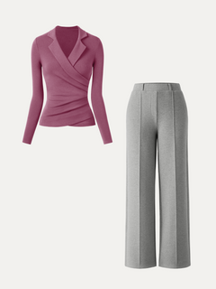 2Pcs Set Collared Surplice Top & High Waisted Straight Leg Pull On Pant