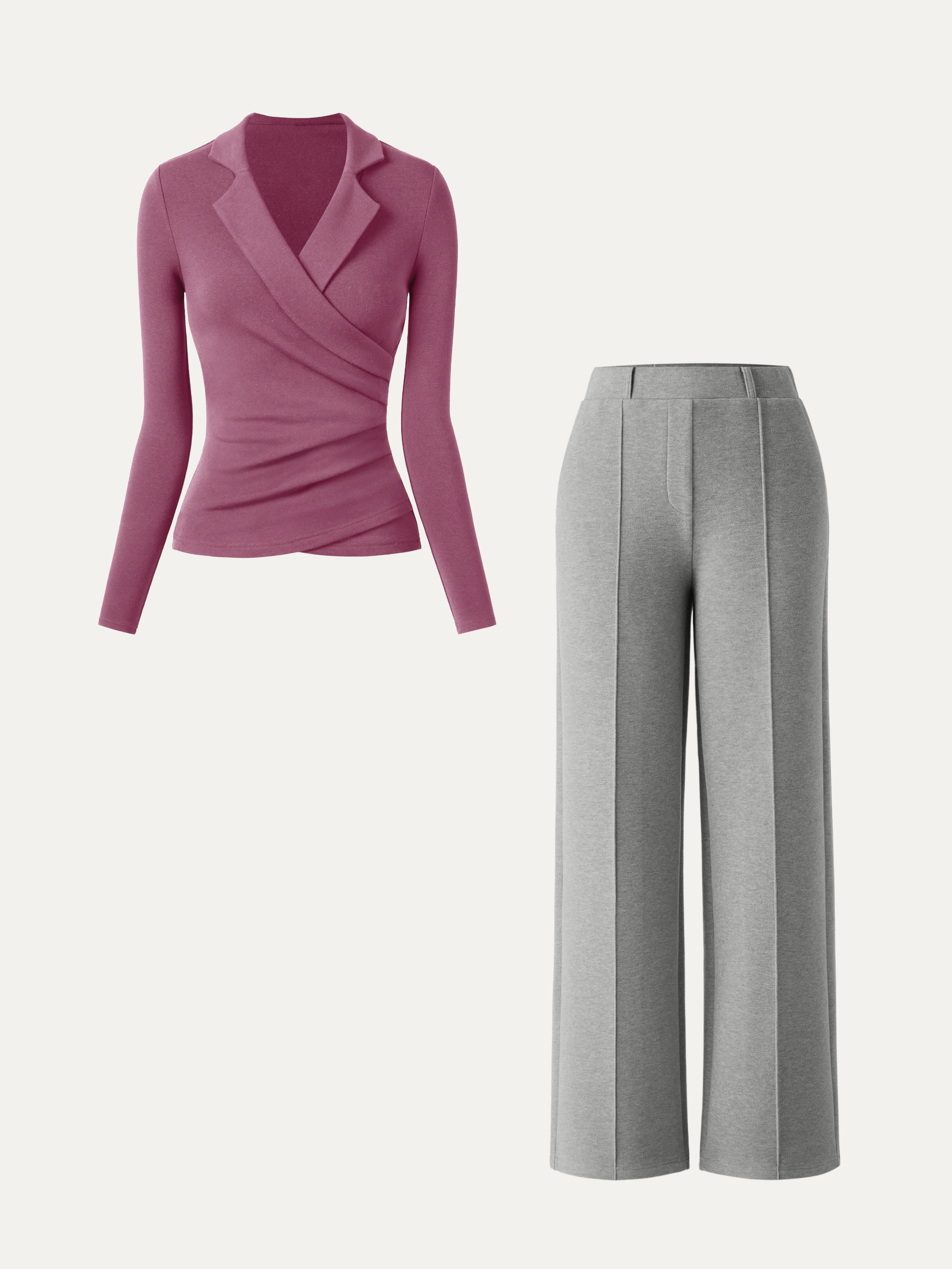 2Pcs Set Collared Surplice Top & High Waisted Straight Leg Pull On Pant