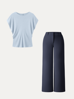 2Pcs Set Round Neck Relaxed Top & Mid Rise Fly-Front Wide Leg Trousers