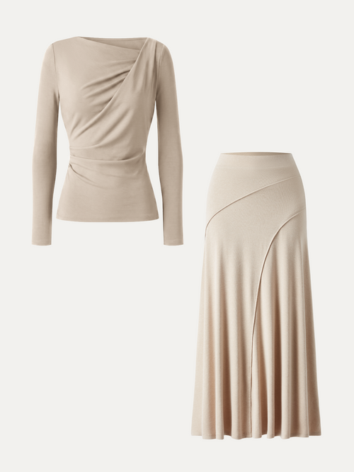 2Pcs Set Asymmetrical Neck Long Sleeve Top & Drapey A-Line Midi Skirt
