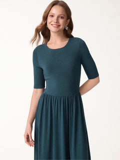 Eco-Mousse® Round Neck Elbow Sleeve Fit-and-Flare Midi Bra Dress with Pockets