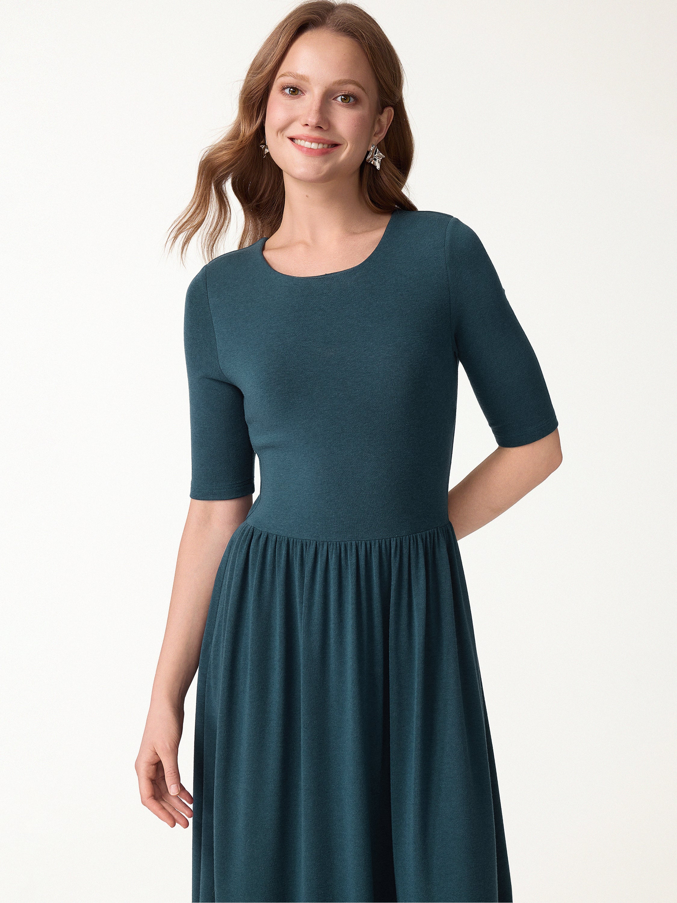 Eco-Mousse® Round Neck Elbow Sleeve Fit-and-Flare Midi Bra Dress with Pockets