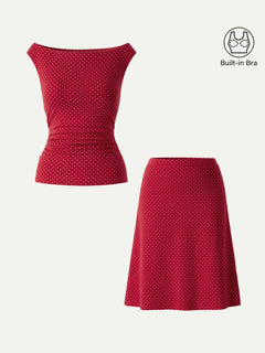 2Pcs Set Polka Dot Boatneck Bra Top & A-Line  Skirt Limited Edition