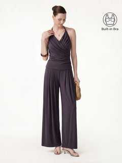 2Pcs Set Halter Neck Surplice Bra Top & Tucked Palazzo Pant with Pockets