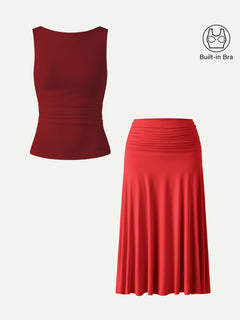 2Pcs Set Open Back Bra Tank & Side Ruched A-line Midi Skirt