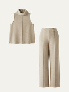 2Pcs Set Regular Split Hem Top & High Waisted Straight Leg Pant