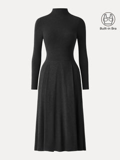 Light Warm Mockneck Pleated Midi Bra Dress with Pockets