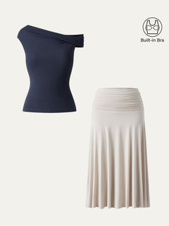 2Pcs Set Multi-wear Bra Top & Side Ruched A-line Midi Skirt
