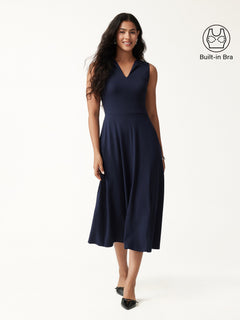 Ribbed Collared V-Neck Sleeveless A-Line Midi Bra Dress with Pockets
