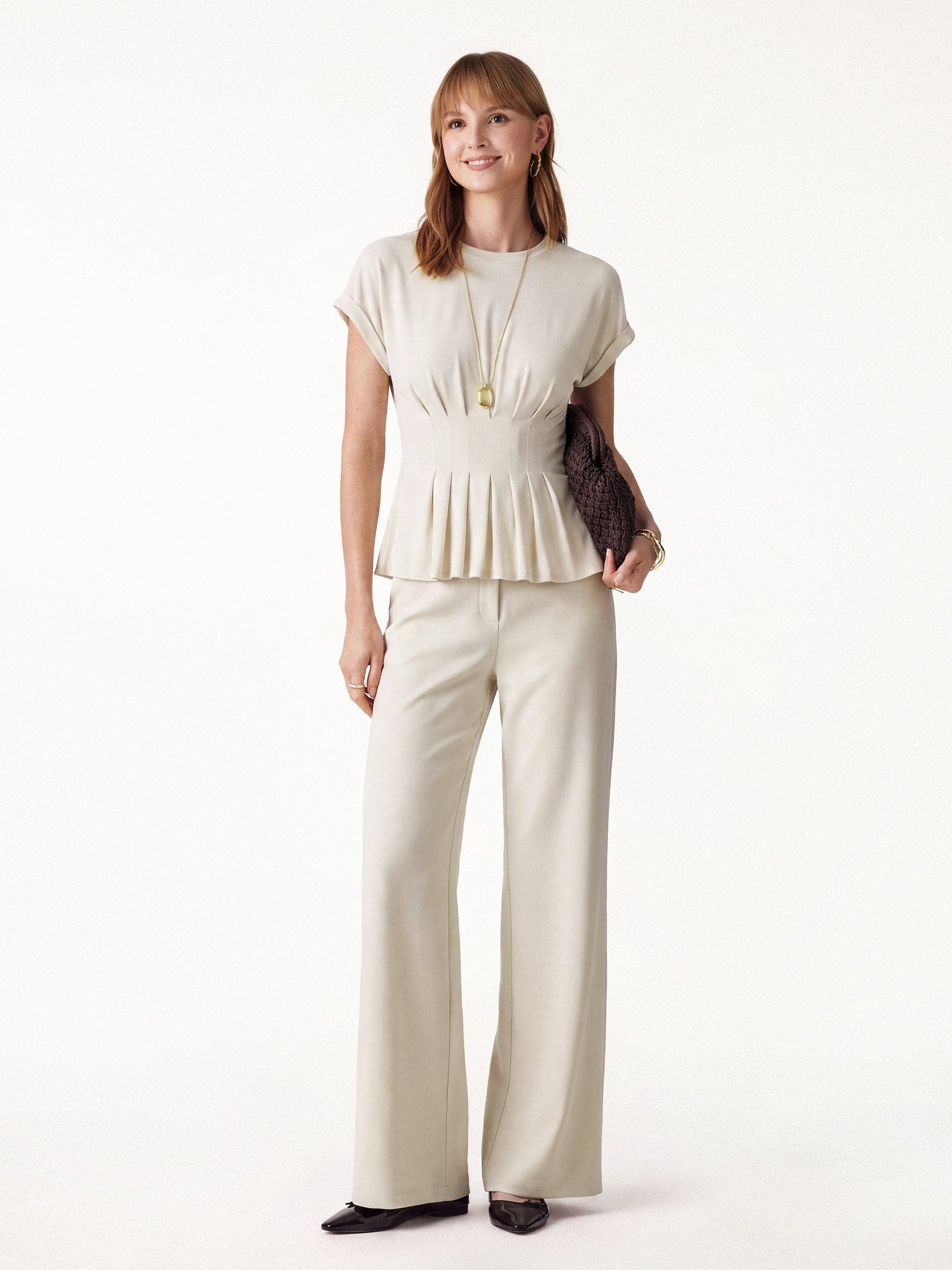 2Pcs Set Round Neck Tee & Mid Rise Fly-Front Wide Leg Trousers