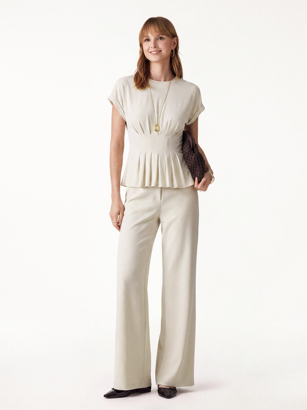 2Pcs Set Round Neck Tee & Mid Rise Fly-Front Wide Leg Trousers