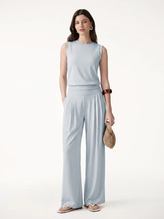 2Pcs Set Crew Neck Top & Flowy Tucked Palazzo Pant with Pockets