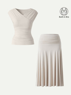 2Pcs Set Surplice V-Neck Bra Top & Side Ruched A-line Midi Skirt