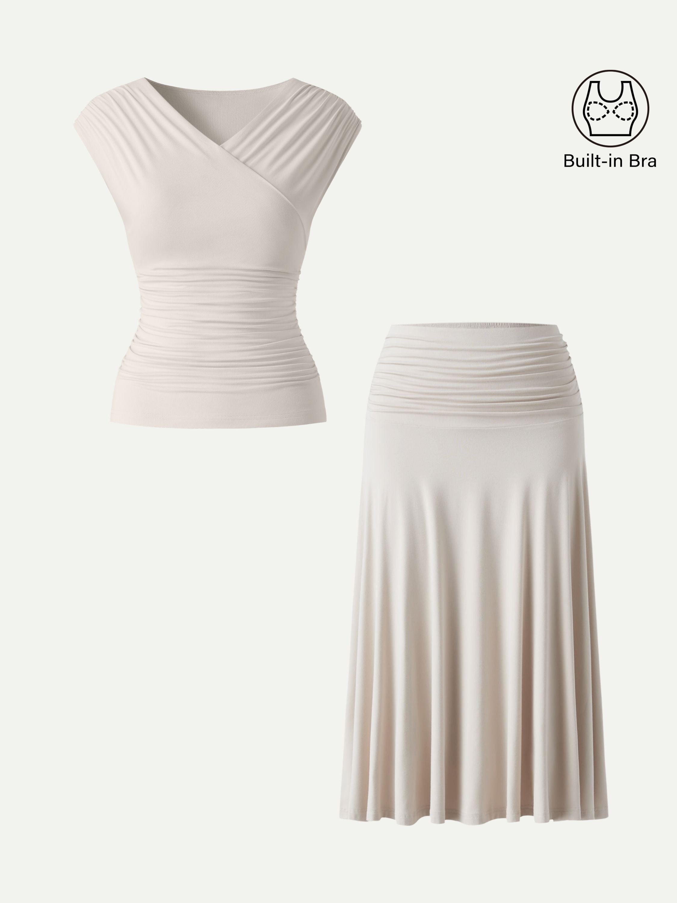 2Pcs Set Surplice V-Neck Bra Top & Side Ruched A-line Midi Skirt