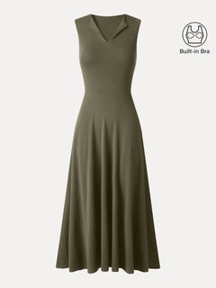 Ribbed Collared V-Neck Sleeveless A-Line Midi Bra Dress with Pockets