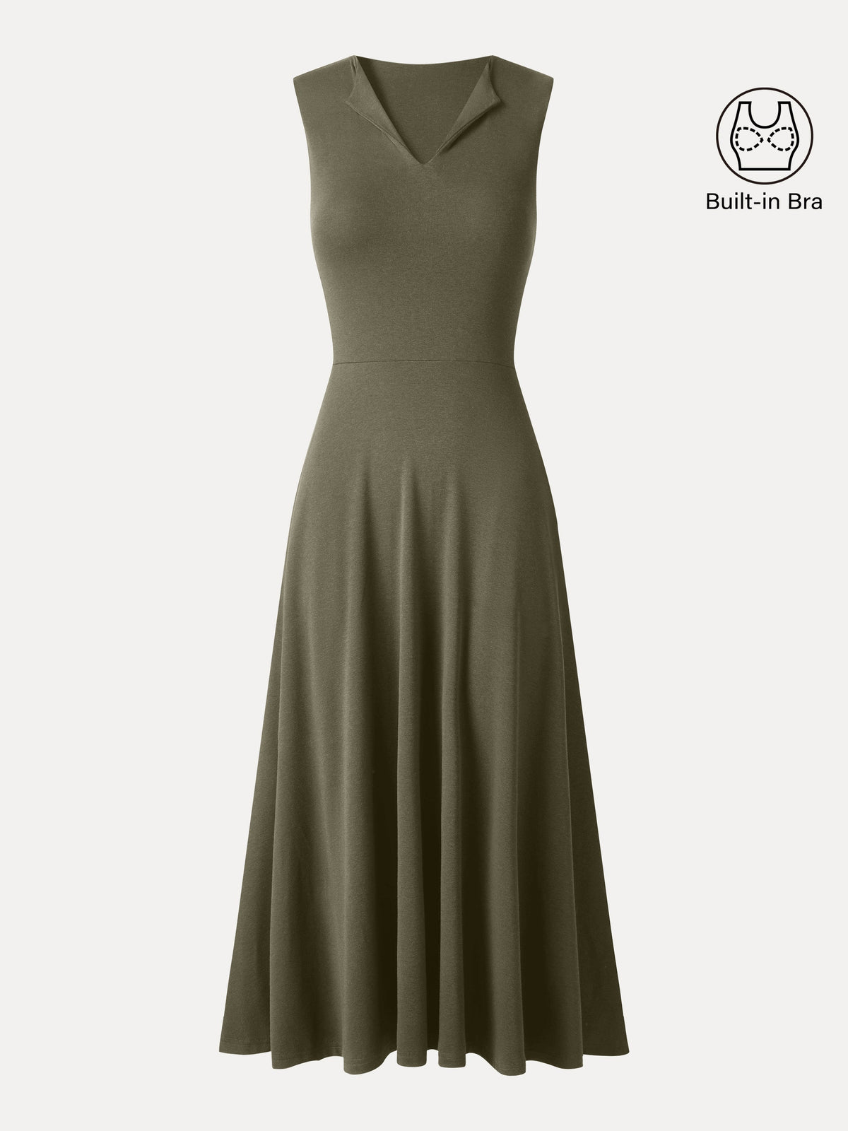 Ribbed Collared V-Neck Sleeveless A-Line Midi Bra Dress with Pockets