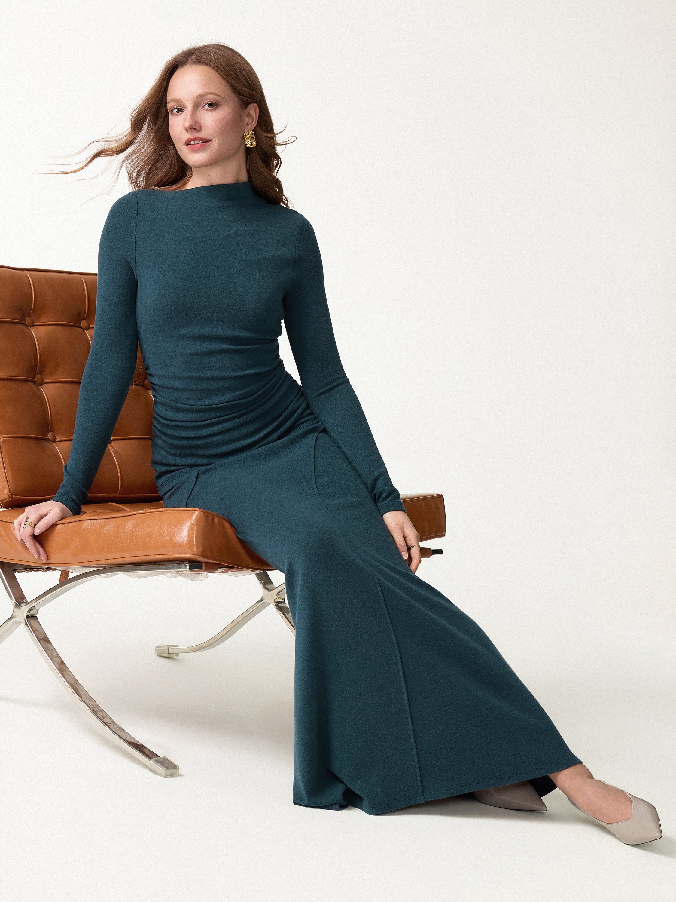 2Pcs Set Asymmetrical Long Sleeve Bra Top & A-Line Midi Skirt