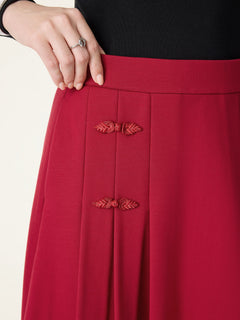 Pleated Frog Button Decor Midi A-line Skirt Limited Edition