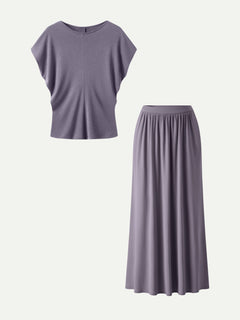 2Pcs Set Round Neck Top & A-Line Maxi Skirt