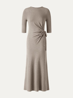 Slub Ribbed Round Neck Elbow Sleeve Tie-Waist Midi Dress